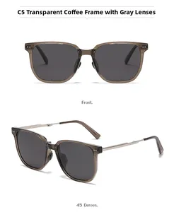 Detail view of square folding polarized sunglasses in transparent coffee and grey lens