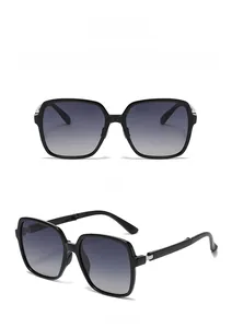 Front and side view of square polarized sunglasses with glossy black frames and grey lenses