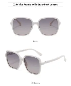 Front and 45-degree angle view of white frame sunglasses with pink gradient lenses