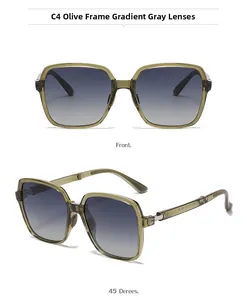 Detail view of foldable square polarized sunglasses with olive green frame and gradient lenses