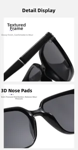 Detail view of glossy black polarized sunglasses frame with integrated nose pads and hinges