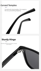 Detail of polarized sunglasses showing black frame temple and metal reinforced hinge