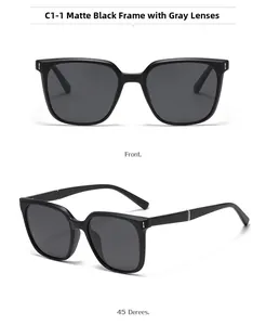 Front and side view of matte black polarized square sunglasses with grey lenses