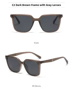 Detail view of square frame polarized sunglasses in tea color with grey lenses