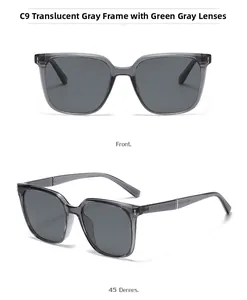 Detail view of transparent grey square polarized sunglasses with dark green lenses