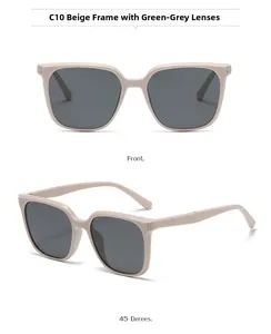 Detail view showing beige square polarized sunglasses with grey lenses and silver metal accents