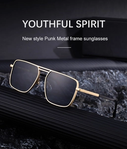 Close-up of punk style square metal frame sunglasses with a double bridge design
