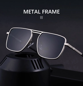 Close-up of silver metal frame sunglasses with double bridge and square dark lenses