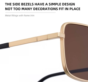 Macro detail of high-quality gold metal hinges and dark brown lenses on square sunglasses