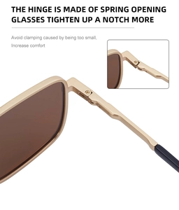 Detail of premium metal square sunglasses showing flexible spring hinges for comfort