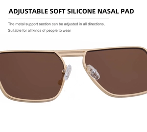 Detail of adjustable soft silicone nose pads on gold metal frame sunglasses