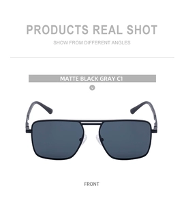 Detailed view of matte black square sunglasses with durable double bridge and gray lenses