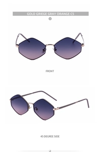 Detail view showing front and 45-degree angle of hexagonal metallic gradient lens sunglasses