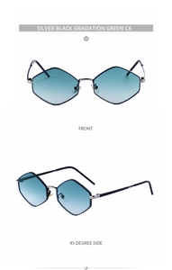 Detail of silver black geometric sunglasses with green gradient lenses and metal frame