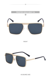 Front and side view of square metal sunglasses in frosted gold finish with gray lenses