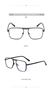 Front and 45-degree side views of matte black square double bridge sunglasses frame