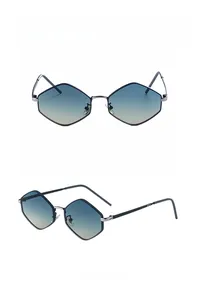 Detail view of silver octagonal sunglasses with blue to yellow gradient lenses