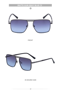 Front and 45-degree side view of matte gun gray rectangular sunglasses with metal temples