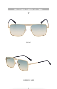 Detail view of gold aviator sunglasses with gradient teal lenses and double bridge design