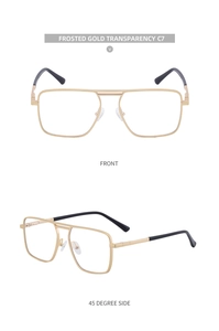 Front and side view of square frosted gold metal frame glasses with transparent lenses