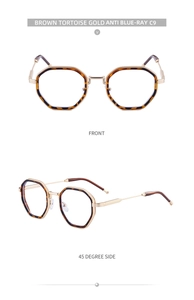 Detail view of octagon anti-blue light glasses with brown tortoise frames and gold metal temples