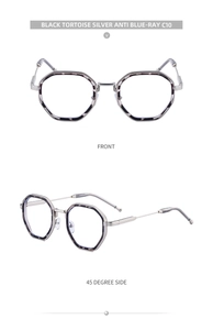 Front and side view of polygonal black tortoise glasses with anti-blue-ray lenses