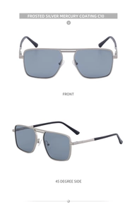 Square matte silver metal sunglasses with pilot double bridge and gray mirrored lenses