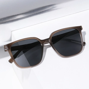 Polarized square sunglasses for men featuring a brown translucent frame and dark lenses