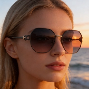 Outdoor-Model-Shooting der übergroßen achteckigen Sonnenbrille mit Verlaufsgläsern und Bügeln