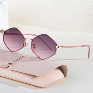 Chic hexagonal sunglasses with purple gradient lenses and rose gold metal frame in a pink case