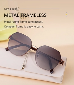 Detail der Metall-Halbrand-Sonnenbrille mit braunen Verlaufsgläsern auf Lederetui