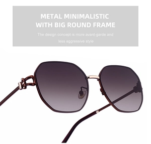 Detail der übergroßen runden Sonnenbrille mit hohlen Metallbügeln und Verlaufsgläsern