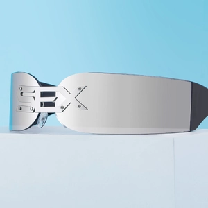 Y2K futuristic frameless silver sunglasses featuring cutout letter design and mirrored lens