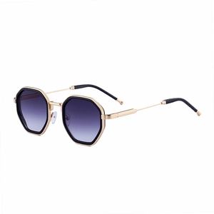 Modern polygon sunglasses with gold metal frame and purple gradient lenses for men
