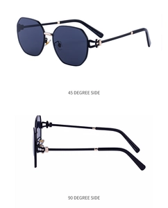 Detail einer schwarzen achteckigen Übergroße-Sonnenbrille mit Metallscharnieren und Bügeln