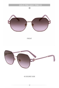 Detailansicht der großen Gold-Pink-Sonnenbrille mit stilvollen, hohlen Metallbügeln