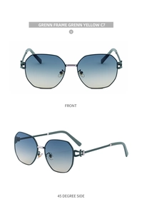 Detail einer grünen sechseckigen Übergroße-Sonnenbrille mit blau-gelben Verlaufsgläsern