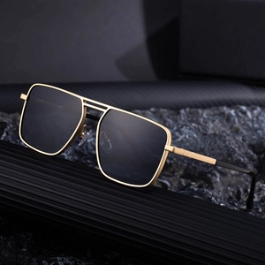 Classic square metal sunglasses with double bridge and dark polarized lenses