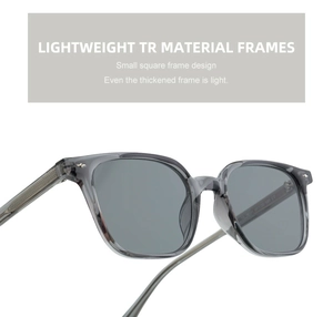 Close-up of lightweight TR material square frames on retro gray sunglasses