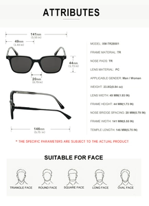 Detailed size chart showing TR frame and PC lens dimensions for square sunglasses