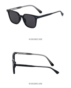 Dual view of retro square black sunglasses with silver rivets and grey polarized lenses