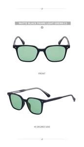 Front and 45-degree side view of matte black square sunglasses with light green lenses