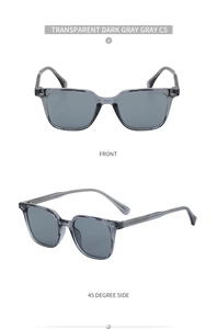 Detail view of transparent dark gray sunglasses with diamond pattern embossed temples