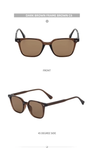 Detail view of retro dark brown square frame sunglasses with metal accents and brown lenses