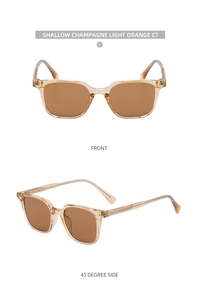 Front and side view of square champagne sunglasses with brown polarized lenses