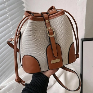 Retro Bucket Bag Canvas PU Leather Stitching Drawstring Crossbody Shoulder Bag Women Minimalist Casual Contrast Color
