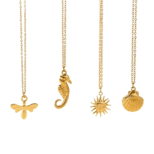 Golden stainless steel necklace set featuring bee, seahorse, sun, and shell pendants