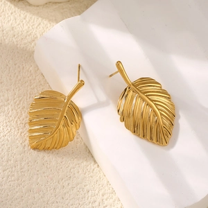 Boucles d'oreilles vintage en forme de feuille en acier inoxydable plaqué or 18 carats