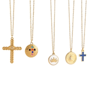 Gold stainless steel cross and sun moon pendant necklace collection with colorful gems