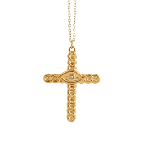 Gold stainless steel cross necklace with evil eye charm and zircon stone on white background